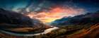 Mountain and river landscape at sunrise. (AI Generated) Art Print